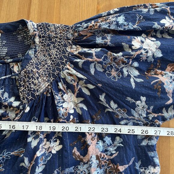 By Anthropologie Women's Blouse Size Large Long Sleeve Blue Floral Smocked Boho - Picture 11 of 12